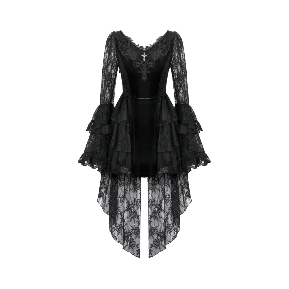 Dark in Love - Classic Gothic Velvet & Lace Embroidered Korte jurk - Zwart